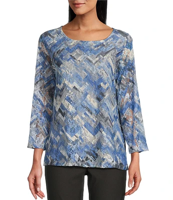 Multiples Printed Scoop Neck 3/4 Sleeve Fitted Lace Knit Top