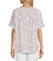 Multiples Printed Slub Crinkle Scoop Neck 3/4 Sleeve Hi-Low Hem Ruffle Top