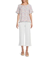 Multiples Printed Slub Crinkle Scoop Neck 3/4 Sleeve Hi-Low Hem Ruffle Top