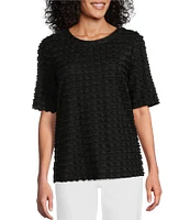 Multiples Scoop Neck Elbow Sleeve Wave Knit Fitted Top