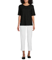 Multiples Scoop Neck Elbow Sleeve Wave Knit Fitted Top