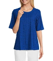 Multiples Scoop Neck Elbow Sleeve Wave Knit Fitted Top
