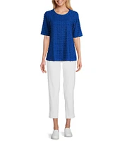 Multiples Scoop Neck Elbow Sleeve Wave Knit Fitted Top