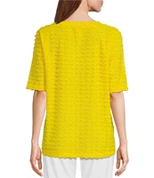 Multiples Scoop Neck Elbow Sleeve Wave Knit Fitted Top