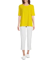 Multiples Scoop Neck Elbow Sleeve Wave Knit Fitted Top