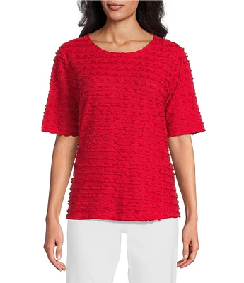 Multiples Scoop Neck Elbow Sleeve Wave Knit Fitted Top