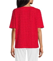 Multiples Scoop Neck Elbow Sleeve Wave Knit Fitted Top