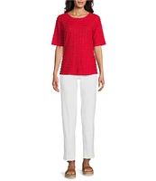 Multiples Scoop Neck Elbow Sleeve Wave Knit Fitted Top