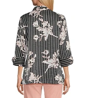 Multiples Shimmer Woven Floral Wire Collar 3/4 Turn-Up Cuff Sleeve Button-Front Shirt