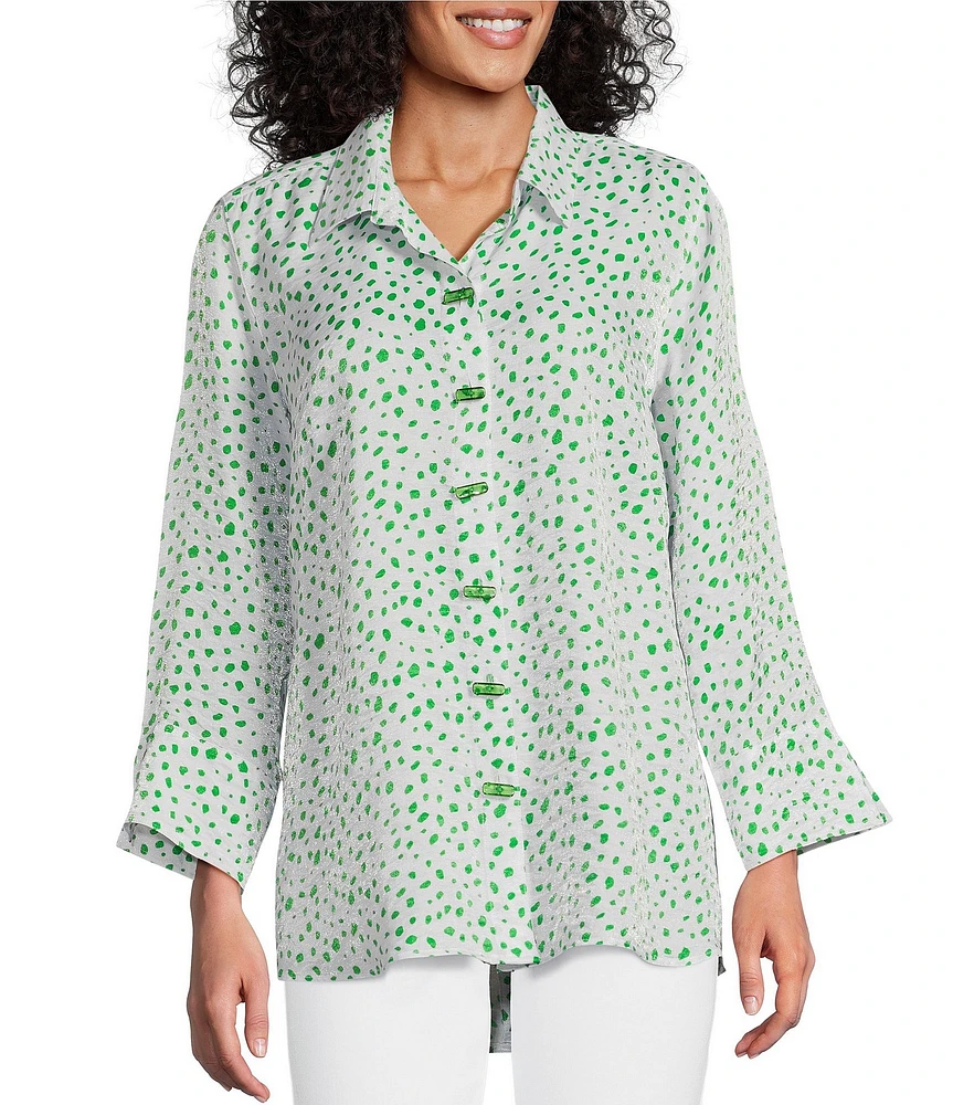Multiples Shimmer Woven Printed Point Collar 3/4 Turn-Up Cuff Sleeve Button Front Shirt