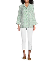 Multiples Shimmer Woven Printed Point Collar 3/4 Turn-Up Cuff Sleeve Button Front Shirt