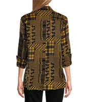 Multiples Shimmer Woven Printed Point Collar 3/4 Turn Up Cuff Sleeve Hi-Low Hem Button-Front Shirt