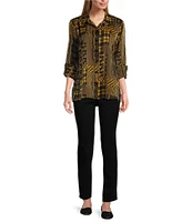 Multiples Shimmer Woven Printed Point Collar 3/4 Turn Up Cuff Sleeve Hi-Low Hem Button-Front Shirt