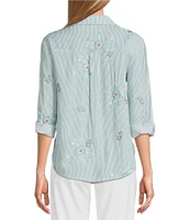 Multiples Slub Crinkle Embroidered Stripe Point Collar Long Roll-Tab Sleeve Button Front Shirt