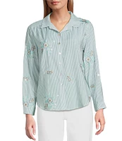 Multiples Slub Crinkle Embroidered Stripe Point Collar Long Roll-Tab Sleeve Button Front Shirt