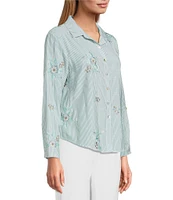Multiples Slub Crinkle Embroidered Stripe Point Collar Long Roll-Tab Sleeve Button Front Shirt