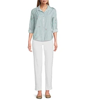 Multiples Slub Crinkle Embroidered Stripe Point Collar Long Roll-Tab Sleeve Button Front Shirt