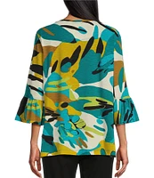 Multiples Slub Knit Abstract Leaf Multi Print Scoop Neck 3/4 Ruffle Sleeve Top