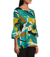 Multiples Slub Knit Abstract Leaf Multi Print Scoop Neck 3/4 Ruffle Sleeve Top