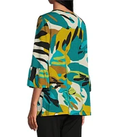 Multiples Slub Knit Abstract Leaf Multi Print Scoop Neck 3/4 Ruffle Sleeve Top