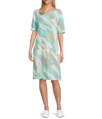 Multiples Slub Knit Abstract Multi Scoop Neck Elbow Sleeve Dress