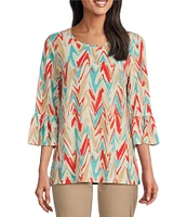 Multiples Slub Knit Abstract Print Scoop Neck 3/4 Ruffle Sleeve Top