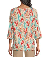 Multiples Slub Knit Abstract Print Scoop Neck 3/4 Ruffle Sleeve Top