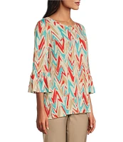 Multiples Slub Knit Abstract Print Scoop Neck 3/4 Ruffle Sleeve Top