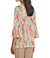 Multiples Slub Knit Abstract Print Scoop Neck 3/4 Ruffle Sleeve Top