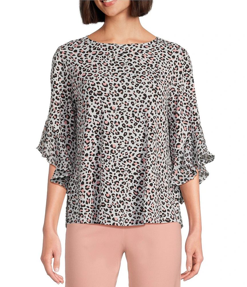 Multiples Slub Knit Georgette Animal Print Scoop Neck 3/4 Flounce Sleeve Fitted Top