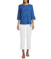 Multiples Slub Knit Georgette Dot Print Boat Neck 3/4 Sleeve Fitted Ruched Side Drawstring Top