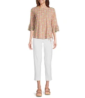 Multiples Slub Knit Georgette Floral Print Boat Neck 3/4 Sleeve Fitted Ruched Side Drawstring Top
