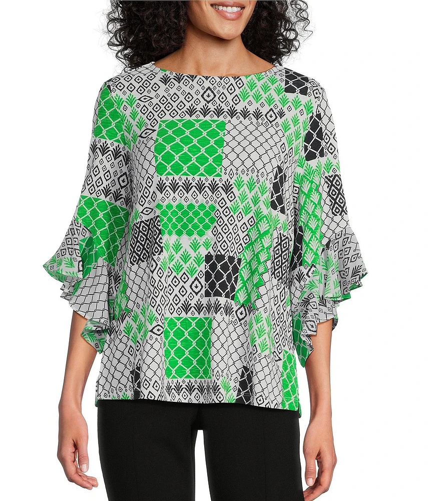 Multiples Slub Knit Georgette Geometric Multi Print Scoop Neck 3/4 Flounce Sleeve Fitted Top