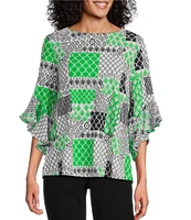 Multiples Slub Knit Georgette Geometric Multi Print Scoop Neck 3/4 Flounce Sleeve Fitted Top