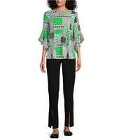 Multiples Slub Knit Georgette Geometric Multi Print Scoop Neck 3/4 Flounce Sleeve Fitted Top