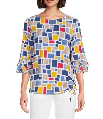 Multiples Slub Knit Georgette Printed Boat Neck 3/4 Sleeve Fitted Ruched Side Drawstring Top
