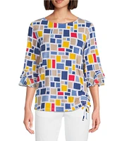 Multiples Slub Knit Georgette Printed Boat Neck 3/4 Sleeve Fitted Ruched Side Drawstring Top
