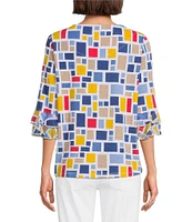 Multiples Slub Knit Georgette Printed Boat Neck 3/4 Sleeve Fitted Ruched Side Drawstring Top