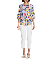 Multiples Slub Knit Georgette Printed Boat Neck 3/4 Sleeve Fitted Ruched Side Drawstring Top