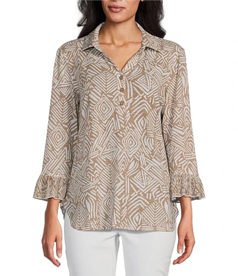 Multiples Slub Knit Georgette Printed Collared V-Neck 3/4 Sleeve Top