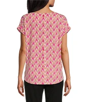 Multiples Slub Knit Ikat Multi Print Crew Neck Cap Dolman Sleeve Hi-Low Hem Fitted Top