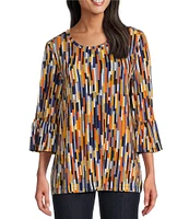 Multiples Slub Knit Line Multi Print Scoop Neck 3/4 Ruffle Sleeve Top