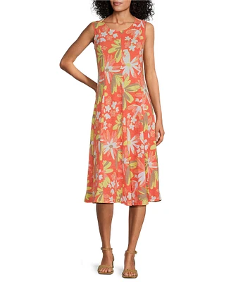 Multiples Melon Floral Print Slub Knit Scoop Neck Sleeveless Fit & Flare Midi Dress