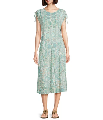 Multiples Slub Knit Printed Scoop Neck Cap Sleeve Multi Panel Fit & Flare Dress