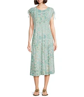 Multiples Slub Knit Printed Scoop Neck Cap Sleeve Multi Panel Fit & Flare Dress
