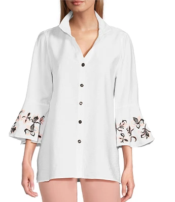 Multiples Solid Crinkle Wire Collar 3/4 Embroidered Flounce Sleeve Hi-Low Hem Fitted Woven Shirt
