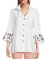 Multiples Solid Crinkle Wire Collar 3/4 Embroidered Flounce Sleeve Hi-Low Hem Fitted Woven Shirt