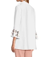Multiples Solid Crinkle Wire Collar 3/4 Embroidered Flounce Sleeve Hi-Low Hem Fitted Woven Shirt