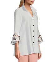 Multiples Solid Crinkle Wire Collar 3/4 Embroidered Flounce Sleeve Hi-Low Hem Fitted Woven Shirt