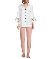 Multiples Solid Crinkle Wire Collar 3/4 Embroidered Flounce Sleeve Hi-Low Hem Fitted Woven Shirt